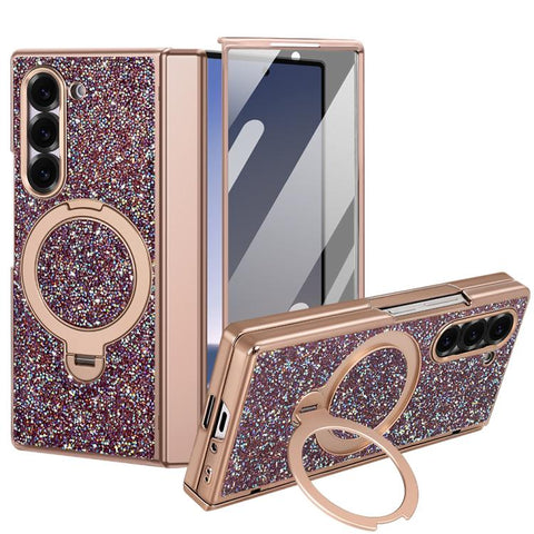 VIETAO Flash Diamond Privacy Tempered Glass Integrated Magnetic Bracket Phone Case, For Samsung Galaxy Z Fold7 5G, For Samsung Galaxy Z Fold6 5G