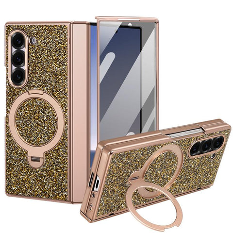 VIETAO Flash Diamond Privacy Tempered Glass Integrated Magnetic Bracket Phone Case, For Samsung Galaxy Z Fold7 5G, For Samsung Galaxy Z Fold6 5G