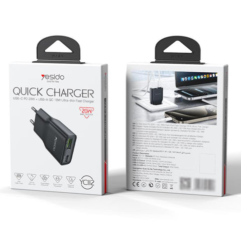 Yesido YC112 Ultra-thin 20W Dual-port PD QC Fast Charger, YC112