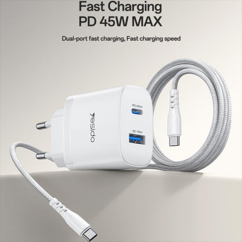 Yesido PD45W USB and Type-C Dual Interface Fast Charger Set, EU Plug, UK Plug, US Plug