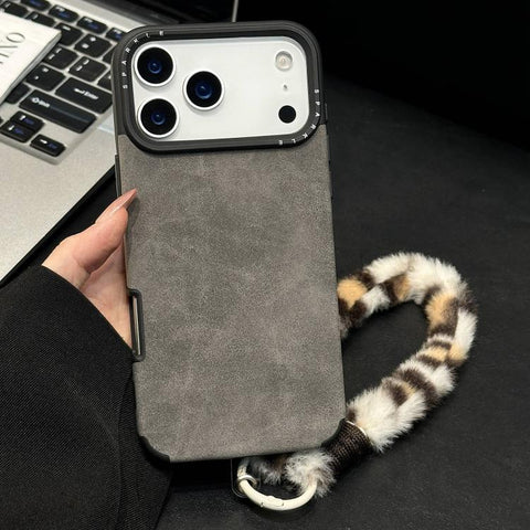 Faux Suede Fabric TPU Phone Case with Screen-printed Rabbit Plush Rope, For iPhone 18 Pro / 17 Pro, For iPhone 18 Pro Max / 17 Pro Max, For iPhone 17, For iPhone 16 Pro Max, For iPhone 16 Pro, For iPhone 16, For iPhone 15 Pro Max, For iPhone 15 Pro