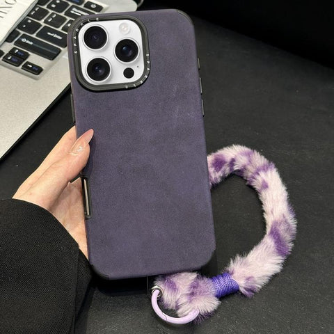 Faux Suede Fabric TPU Phone Case with Screen-printed Rabbit Plush Rope, For iPhone 18 Pro / 17 Pro, For iPhone 18 Pro Max / 17 Pro Max, For iPhone 17, For iPhone 16 Pro Max, For iPhone 16 Pro, For iPhone 16, For iPhone 15 Pro Max, For iPhone 15 Pro