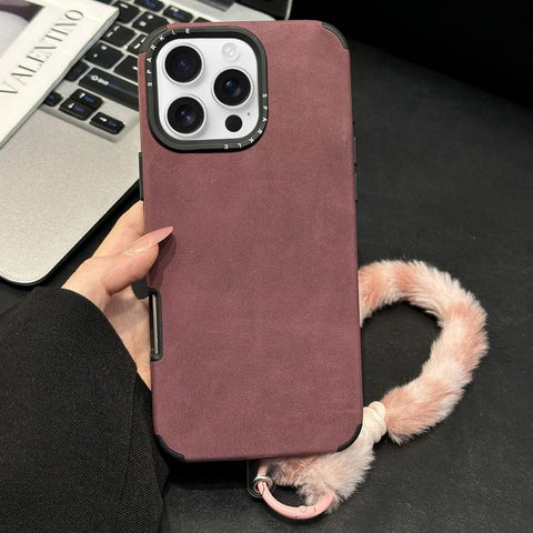 Faux Suede Fabric TPU Phone Case with Screen-printed Rabbit Plush Rope, For iPhone 18 Pro / 17 Pro, For iPhone 18 Pro Max / 17 Pro Max, For iPhone 17, For iPhone 16 Pro Max, For iPhone 16 Pro, For iPhone 16, For iPhone 15 Pro Max, For iPhone 15 Pro
