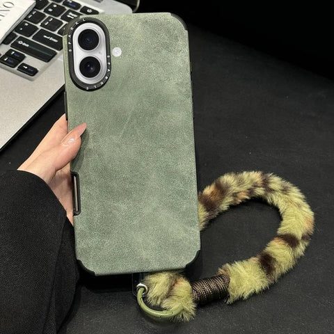 Faux Suede Fabric TPU Phone Case with Screen-printed Rabbit Plush Rope, For iPhone 18 Pro / 17 Pro, For iPhone 18 Pro Max / 17 Pro Max, For iPhone 17, For iPhone 16 Pro Max, For iPhone 16 Pro, For iPhone 16, For iPhone 15 Pro Max, For iPhone 15 Pro