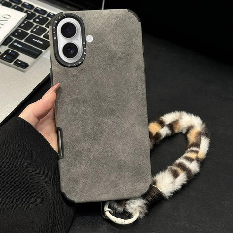 Faux Suede Fabric TPU Phone Case with Screen-printed Rabbit Plush Rope, For iPhone 18 Pro / 17 Pro, For iPhone 18 Pro Max / 17 Pro Max, For iPhone 17, For iPhone 16 Pro Max, For iPhone 16 Pro, For iPhone 16, For iPhone 15 Pro Max, For iPhone 15 Pro
