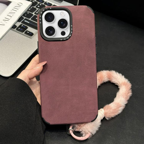 Faux Suede Fabric TPU Phone Case with Screen-printed Rabbit Plush Rope, For iPhone 18 Pro / 17 Pro, For iPhone 18 Pro Max / 17 Pro Max, For iPhone 17, For iPhone 16 Pro Max, For iPhone 16 Pro, For iPhone 16, For iPhone 15 Pro Max, For iPhone 15 Pro
