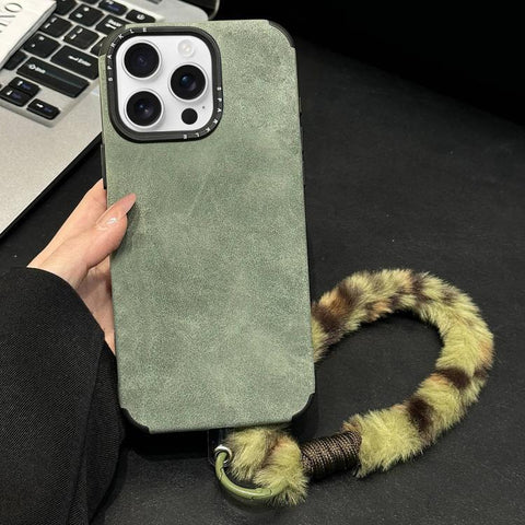 Faux Suede Fabric TPU Phone Case with Screen-printed Rabbit Plush Rope, For iPhone 18 Pro / 17 Pro, For iPhone 18 Pro Max / 17 Pro Max, For iPhone 17, For iPhone 16 Pro Max, For iPhone 16 Pro, For iPhone 16, For iPhone 15 Pro Max, For iPhone 15 Pro