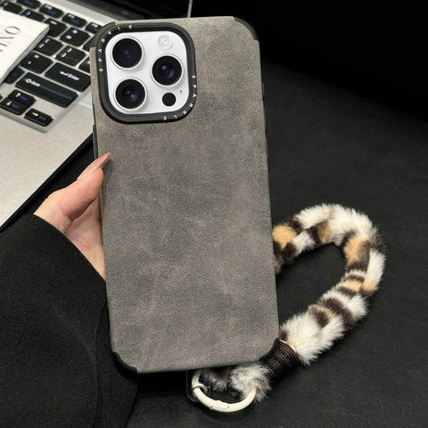 Faux Suede Fabric TPU Phone Case with Screen-printed Rabbit Plush Rope, For iPhone 18 Pro / 17 Pro, For iPhone 18 Pro Max / 17 Pro Max, For iPhone 17, For iPhone 16 Pro Max, For iPhone 16 Pro, For iPhone 16, For iPhone 15 Pro Max, For iPhone 15 Pro
