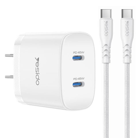 Yesido PD45W Dual Type-C Fast Charger Kit with Type-C to Type-C Cable, US Plug, EU Plug, UK Plug