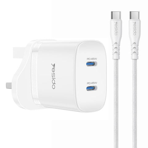 Yesido PD45W Dual Type-C Fast Charger Kit with Type-C to Type-C Cable, US Plug, EU Plug, UK Plug