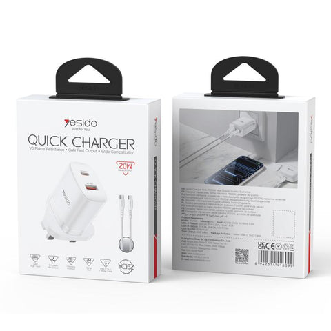 Yesido YC152 PD20W USB-C / Type-C and QC18W USB-A Dual Ports Charger Set with Type-C to Type-C Cable, YC152