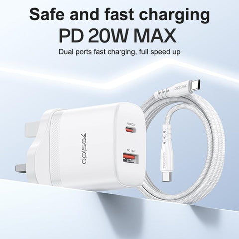 Yesido YC152 PD20W USB-C / Type-C and QC18W USB-A Dual Ports Charger Set with Type-C to Type-C Cable, YC152