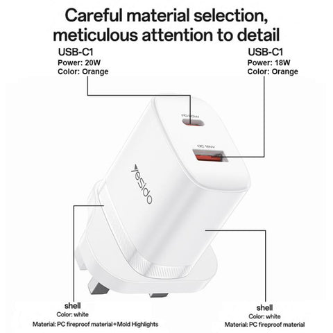 Yesido YC152 PD20W USB-C / Type-C and QC18W USB-A Dual Ports Charger Set with Type-C to Type-C Cable, YC152