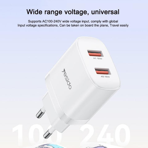 Yesido YC104 12W 2.4A USB Dual Ports Charger Set with 1m USB to Type-C Data Cable, YC104