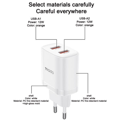 Yesido YC104 12W 2.4A USB Dual Ports Charger Set with 1m USB to Type-C Data Cable, YC104