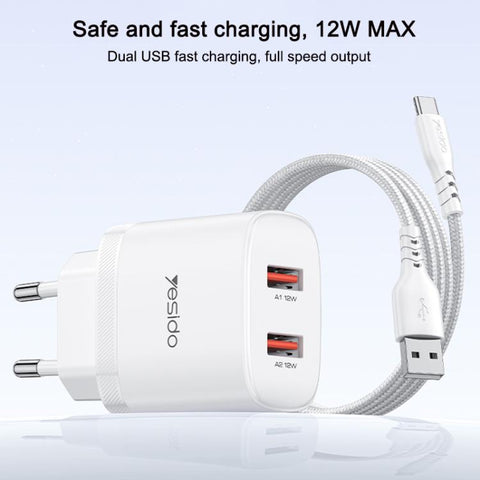 Yesido YC104 12W 2.4A USB Dual Ports Charger Set with 1m USB to Type-C Data Cable, YC104