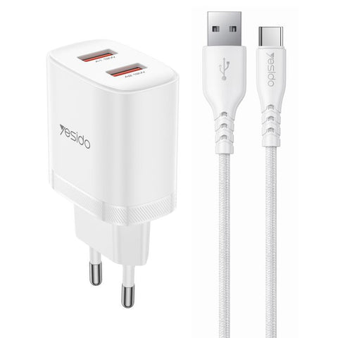 Yesido YC104 12W 2.4A USB Dual Ports Charger Set with 1m USB to Type-C Data Cable, YC104