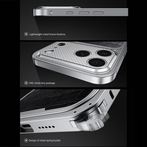 Luxury Leather-Texture Magnetic Metal Phone Case with Spring Buckle, For iPhone 17 Pro Max, For iPhone 17 Pro