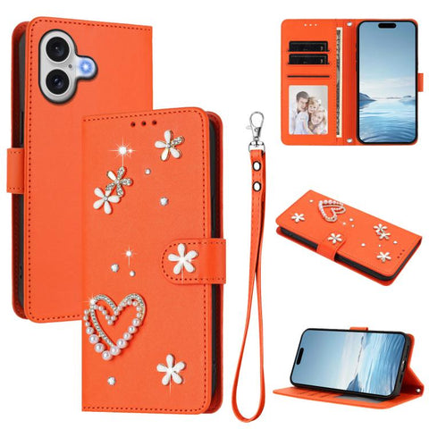 ZS01 Double-Layer Heart Floral Vegan Leather Phone Case with Wrist Strap, For iPhone 18 Pro / 17 Pro, For iPhone 18 Pro Max / 17 Pro Max, For iPhone 17e / 16e, For iPhone 17, For iPhone Air, For iPhone 16 Pro Max