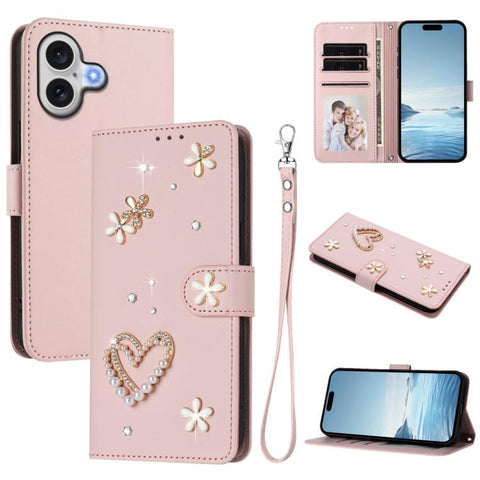 ZS01 Double-Layer Heart Floral Vegan Leather Phone Case with Wrist Strap, For iPhone 18 Pro / 17 Pro, For iPhone 18 Pro Max / 17 Pro Max, For iPhone 17e / 16e, For iPhone 17, For iPhone Air, For iPhone 16 Pro Max