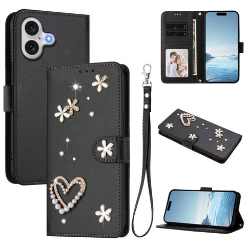 ZS01 Double-Layer Heart Floral Vegan Leather Phone Case with Wrist Strap, For iPhone 18 Pro / 17 Pro, For iPhone 18 Pro Max / 17 Pro Max, For iPhone 17e / 16e, For iPhone 17, For iPhone Air, For iPhone 16 Pro Max