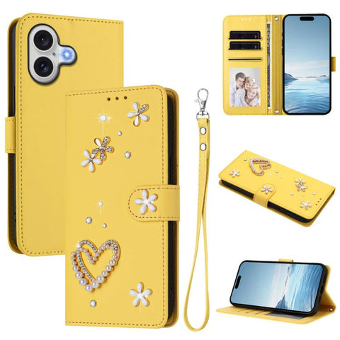 ZS01 Double-Layer Heart Floral Vegan Leather Phone Case with Wrist Strap, For iPhone 18 Pro / 17 Pro, For iPhone 18 Pro Max / 17 Pro Max, For iPhone 17e / 16e, For iPhone 17, For iPhone Air, For iPhone 16 Pro Max