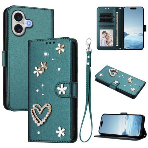 ZS01 Double-Layer Heart Floral Vegan Leather Phone Case with Wrist Strap, For iPhone 18 Pro / 17 Pro, For iPhone 18 Pro Max / 17 Pro Max, For iPhone 17e / 16e, For iPhone 17, For iPhone Air, For iPhone 16 Pro Max