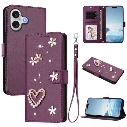 ZS01 Double-Layer Heart Floral Vegan Leather Phone Case with Wrist Strap, For iPhone 18 Pro / 17 Pro, For iPhone 18 Pro Max / 17 Pro Max, For iPhone 17e / 16e, For iPhone 17, For iPhone Air, For iPhone 16 Pro Max