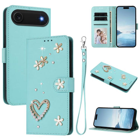 ZS01 Double-Layer Heart Floral Vegan Leather Phone Case with Wrist Strap, For iPhone 18 Pro / 17 Pro, For iPhone 18 Pro Max / 17 Pro Max, For iPhone 17e / 16e, For iPhone 17, For iPhone Air, For iPhone 16 Pro Max
