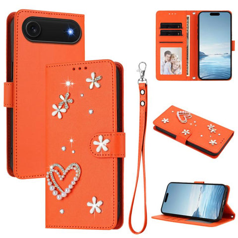 ZS01 Double-Layer Heart Floral Vegan Leather Phone Case with Wrist Strap, For iPhone 18 Pro / 17 Pro, For iPhone 18 Pro Max / 17 Pro Max, For iPhone 17e / 16e, For iPhone 17, For iPhone Air, For iPhone 16 Pro Max
