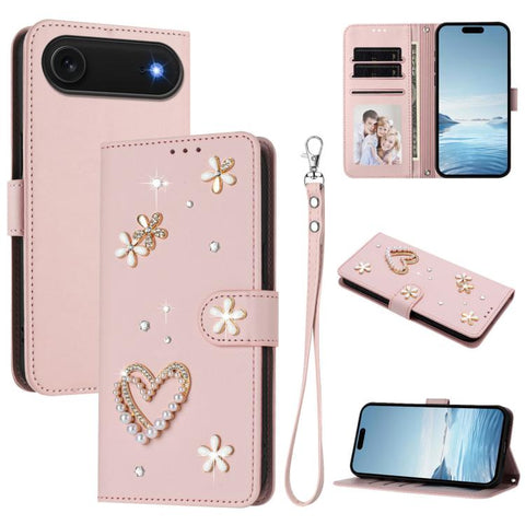 ZS01 Double-Layer Heart Floral Vegan Leather Phone Case with Wrist Strap, For iPhone 18 Pro / 17 Pro, For iPhone 18 Pro Max / 17 Pro Max, For iPhone 17e / 16e, For iPhone 17, For iPhone Air, For iPhone 16 Pro Max