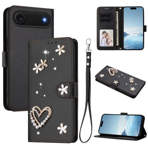 ZS01 Double-Layer Heart Floral Vegan Leather Phone Case with Wrist Strap, For iPhone 18 Pro / 17 Pro, For iPhone 18 Pro Max / 17 Pro Max, For iPhone 17e / 16e, For iPhone 17, For iPhone Air, For iPhone 16 Pro Max