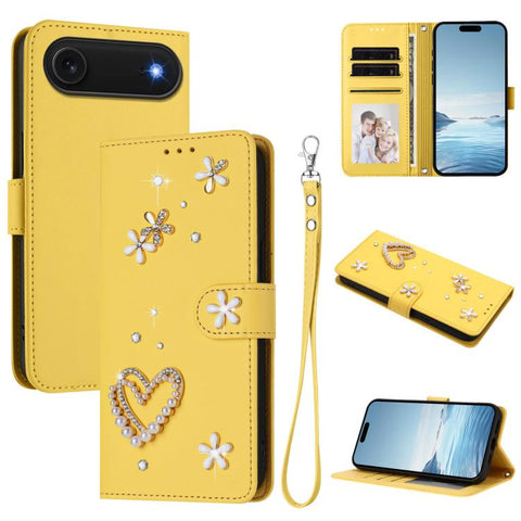 ZS01 Double-Layer Heart Floral Vegan Leather Phone Case with Wrist Strap, For iPhone 18 Pro / 17 Pro, For iPhone 18 Pro Max / 17 Pro Max, For iPhone 17e / 16e, For iPhone 17, For iPhone Air, For iPhone 16 Pro Max