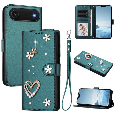 ZS01 Double-Layer Heart Floral Vegan Leather Phone Case with Wrist Strap, For iPhone 18 Pro / 17 Pro, For iPhone 18 Pro Max / 17 Pro Max, For iPhone 17e / 16e, For iPhone 17, For iPhone Air, For iPhone 16 Pro Max