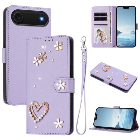 ZS01 Double-Layer Heart Floral Vegan Leather Phone Case with Wrist Strap, For iPhone 18 Pro / 17 Pro, For iPhone 18 Pro Max / 17 Pro Max, For iPhone 17e / 16e, For iPhone 17, For iPhone Air, For iPhone 16 Pro Max