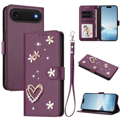 ZS01 Double-Layer Heart Floral Vegan Leather Phone Case with Wrist Strap, For iPhone 18 Pro / 17 Pro, For iPhone 18 Pro Max / 17 Pro Max, For iPhone 17e / 16e, For iPhone 17, For iPhone Air, For iPhone 16 Pro Max