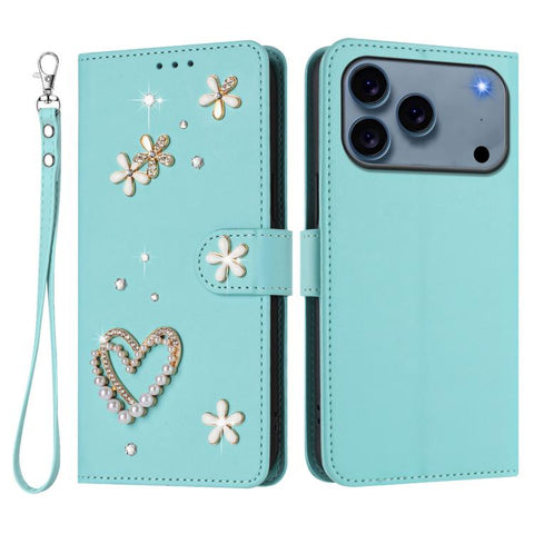 ZS01 Double-Layer Heart Floral Vegan Leather Phone Case with Wrist Strap, For iPhone 18 Pro / 17 Pro, For iPhone 18 Pro Max / 17 Pro Max, For iPhone 17e / 16e, For iPhone 17, For iPhone Air, For iPhone 16 Pro Max