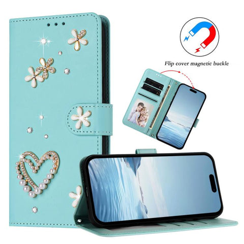 ZS01 Double-Layer Heart Floral Vegan Leather Phone Case with Wrist Strap, For iPhone 18 Pro / 17 Pro, For iPhone 18 Pro Max / 17 Pro Max, For iPhone 17e / 16e, For iPhone 17, For iPhone Air, For iPhone 16 Pro Max