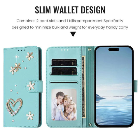 ZS01 Double-Layer Heart Floral Vegan Leather Phone Case with Wrist Strap, For iPhone 18 Pro / 17 Pro, For iPhone 18 Pro Max / 17 Pro Max, For iPhone 17e / 16e, For iPhone 17, For iPhone Air, For iPhone 16 Pro Max