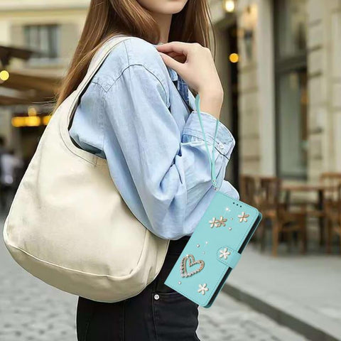 ZS01 Double-Layer Heart Floral Vegan Leather Phone Case with Wrist Strap, For iPhone 18 Pro / 17 Pro, For iPhone 18 Pro Max / 17 Pro Max, For iPhone 17e / 16e, For iPhone 17, For iPhone Air, For iPhone 16 Pro Max