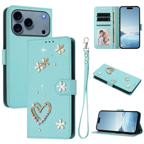 ZS01 Double-Layer Heart Floral Vegan Leather Phone Case with Wrist Strap, For iPhone 18 Pro / 17 Pro, For iPhone 18 Pro Max / 17 Pro Max, For iPhone 17e / 16e, For iPhone 17, For iPhone Air, For iPhone 16 Pro Max