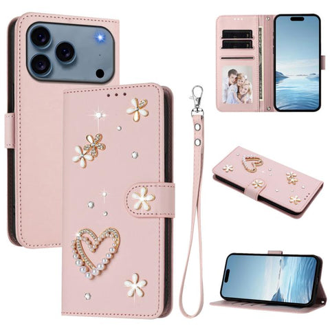 ZS01 Double-Layer Heart Floral Vegan Leather Phone Case with Wrist Strap, For iPhone 18 Pro / 17 Pro, For iPhone 18 Pro Max / 17 Pro Max, For iPhone 17e / 16e, For iPhone 17, For iPhone Air, For iPhone 16 Pro Max