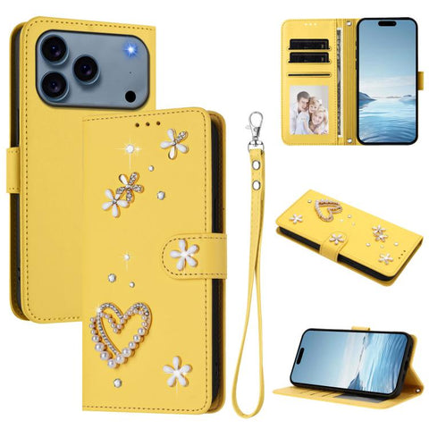 ZS01 Double-Layer Heart Floral Vegan Leather Phone Case with Wrist Strap, For iPhone 18 Pro / 17 Pro, For iPhone 18 Pro Max / 17 Pro Max, For iPhone 17e / 16e, For iPhone 17, For iPhone Air, For iPhone 16 Pro Max