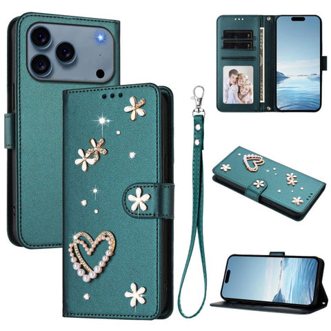 ZS01 Double-Layer Heart Floral Vegan Leather Phone Case with Wrist Strap, For iPhone 18 Pro / 17 Pro, For iPhone 18 Pro Max / 17 Pro Max, For iPhone 17e / 16e, For iPhone 17, For iPhone Air, For iPhone 16 Pro Max