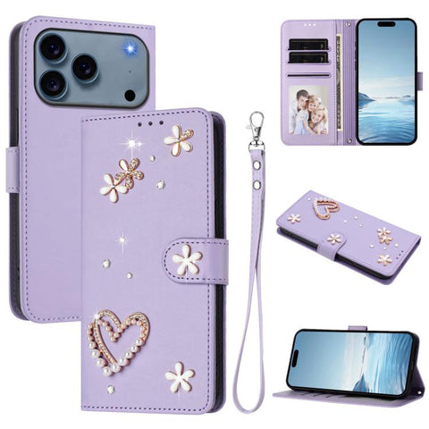 ZS01 Double-Layer Heart Floral Vegan Leather Phone Case with Wrist Strap, For iPhone 18 Pro / 17 Pro, For iPhone 18 Pro Max / 17 Pro Max, For iPhone 17e / 16e, For iPhone 17, For iPhone Air, For iPhone 16 Pro Max