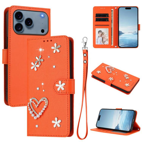 ZS01 Double-Layer Heart Floral Vegan Leather Phone Case with Wrist Strap, For iPhone 18 Pro / 17 Pro, For iPhone 18 Pro Max / 17 Pro Max, For iPhone 17e / 16e, For iPhone 17, For iPhone Air, For iPhone 16 Pro Max