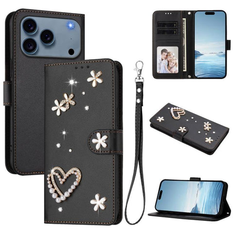 ZS01 Double-Layer Heart Floral Vegan Leather Phone Case with Wrist Strap, For iPhone 18 Pro / 17 Pro, For iPhone 18 Pro Max / 17 Pro Max, For iPhone 17e / 16e, For iPhone 17, For iPhone Air, For iPhone 16 Pro Max