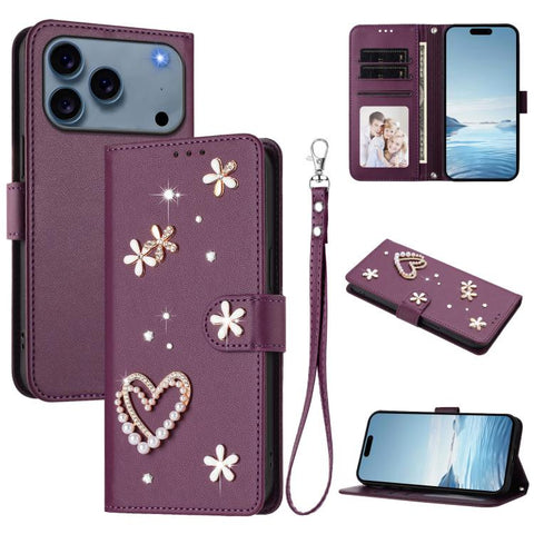 ZS01 Double-Layer Heart Floral Vegan Leather Phone Case with Wrist Strap, For iPhone 18 Pro / 17 Pro, For iPhone 18 Pro Max / 17 Pro Max, For iPhone 17e / 16e, For iPhone 17, For iPhone Air, For iPhone 16 Pro Max