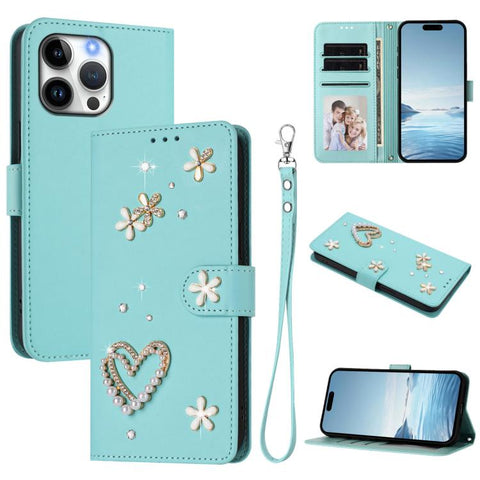 ZS01 Double-Layer Heart Floral Vegan Leather Phone Case with Wrist Strap, For iPhone 18 Pro / 17 Pro, For iPhone 18 Pro Max / 17 Pro Max, For iPhone 17e / 16e, For iPhone 17, For iPhone Air, For iPhone 16 Pro Max