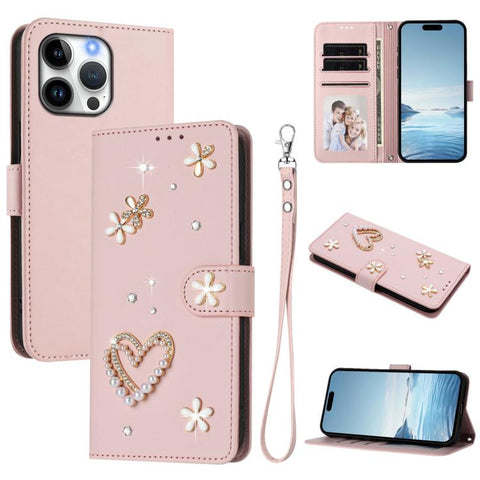 ZS01 Double-Layer Heart Floral Vegan Leather Phone Case with Wrist Strap, For iPhone 18 Pro / 17 Pro, For iPhone 18 Pro Max / 17 Pro Max, For iPhone 17e / 16e, For iPhone 17, For iPhone Air, For iPhone 16 Pro Max